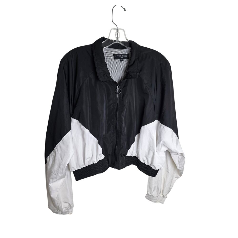 Love Tree Cropped Track Jacket Black White Windbreaker Colorblock Mesh Lined Lg